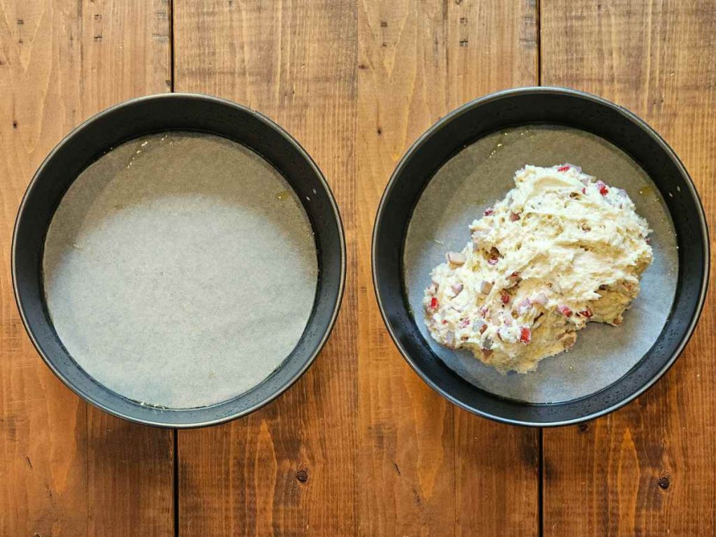 rhubarb sourdough coffee cake batter in a springform pan