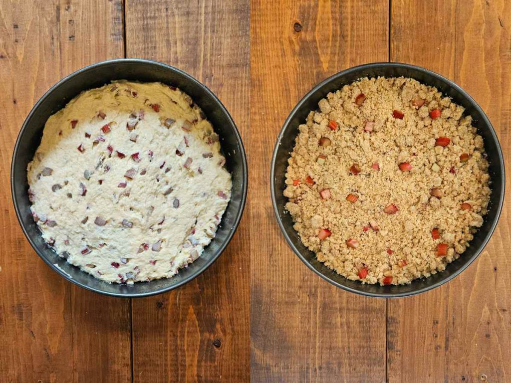 crumble topping added to rhubarb sourdough cake in a round pan