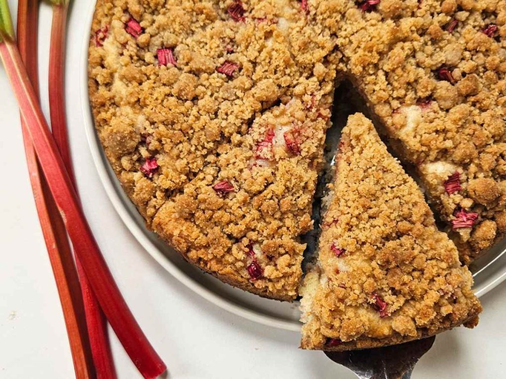 sourdough rhubarb coffee cake on a spatula ready to serve