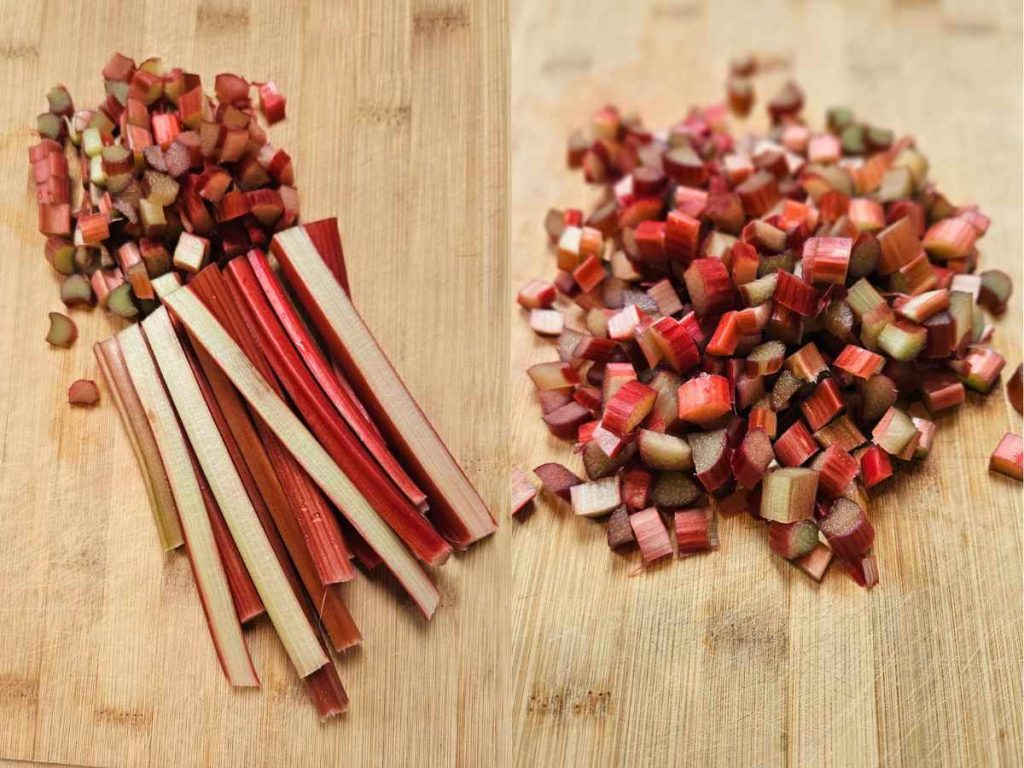 chopped rhubarb on a wooden cutting board