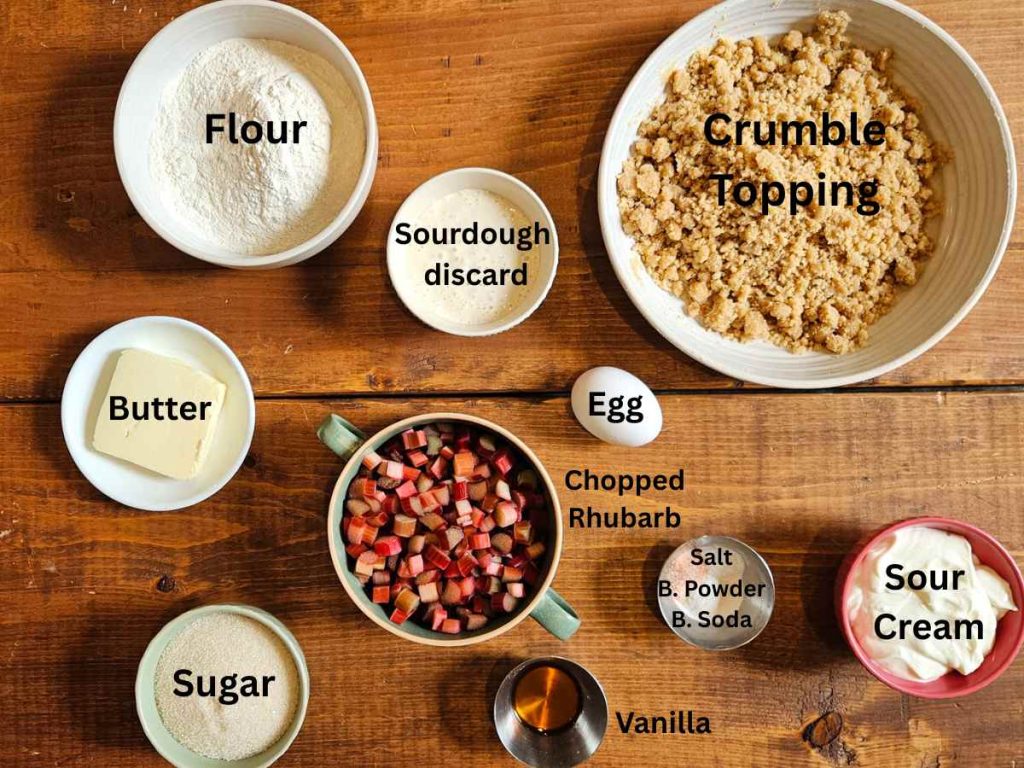 Ingredients for rhubarb sourdough coffee cake