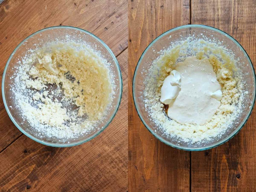 butter and sugar beaten in a bowl. Sourdough discard and sour cream added to the mixture in a mixing bowl