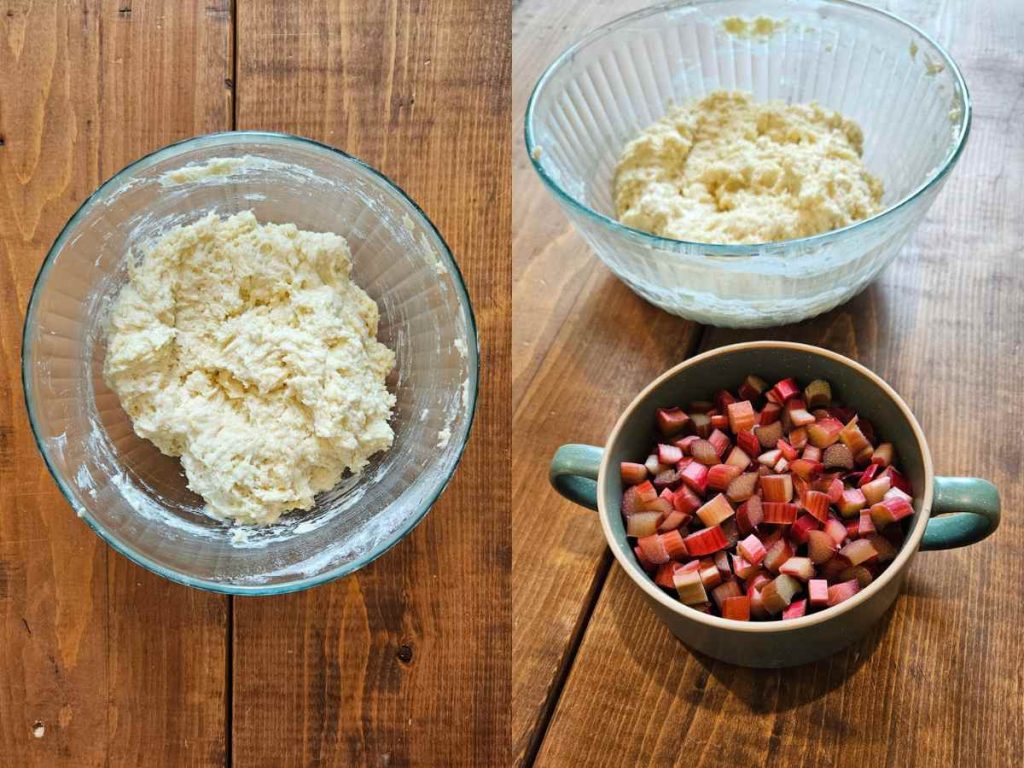batter for rhubarb cake in a bowl. chopped rhubarb on the side in a green bowl
