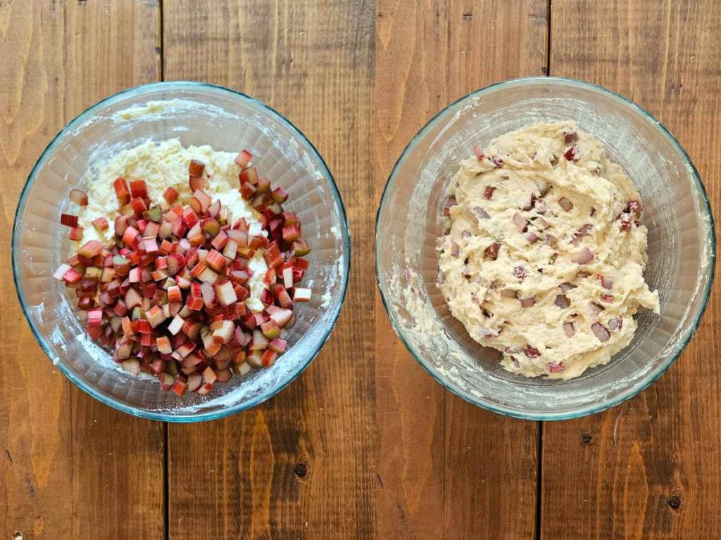 chopped rhubarb in a clear mixing bowl added to the rhubarb cake mixture